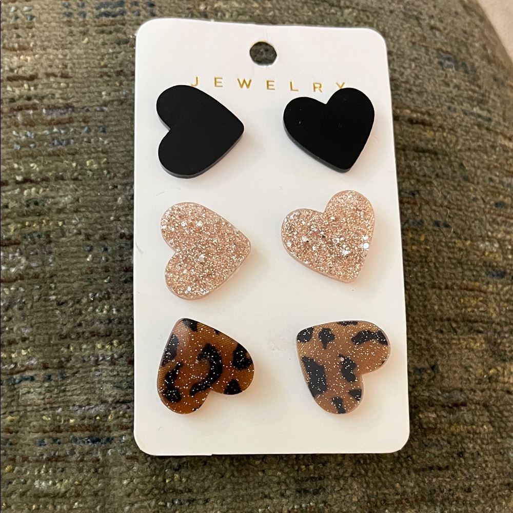 Heart Shaped Earring Set in Black, Glitter, and Leopard